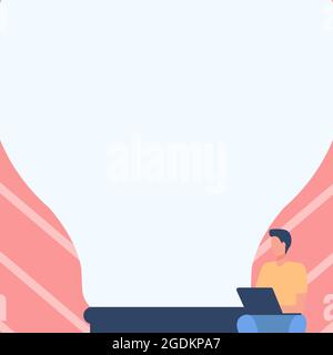 Gentleman Drawing Sitting Using Laptop Beside Large Light Bulb. Businessman Design Sits And Uses Portable Computer In Front Of Huge Lighting Lamp. Stock Vector