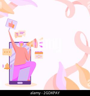 Man Standing Drawing Holding Loud Megaphone Raising Hand With Thumb Sign Mark. Gentleman Stands On Large Phone Holds Bullhorn Device Different Mobile Stock Vector