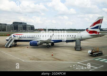 A British Airways aircraft on tarmac at London City Airport. Stock Photo