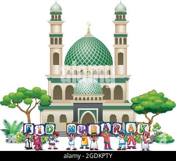 Happy islamic kids and colorful text Eid Mubarak in front of a mosque Stock Vector