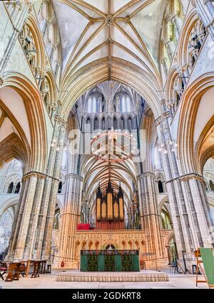 13th century architectural style at the crossing in the medieval cathedral of Lincoln, England. Stock Photo