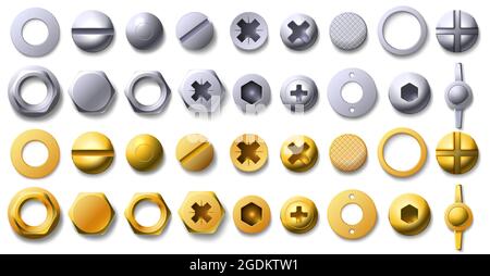 Gold and metal screw, rivet and bolt heads top view. 3d brass and steel nail, buttons, hexagon and circle shaped nuts with thread vector set Stock Vector
