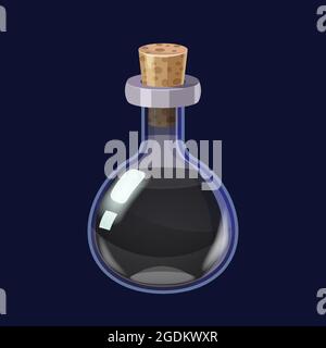 Bottle with liquid black potion magic elixir game icon GUI. Vector illstration for app games user interface Stock Vector