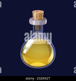 Bottle with liquid yellow potion magic elixir game icon GUI. Vector illstration for app games user interface isolated cartoon style Stock Vector