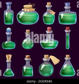 Set of Bottles liquid potion magic elixir colorful . Game icon GUI for app games user interface. Vector illstration isolated cartoon style on black Stock Vector