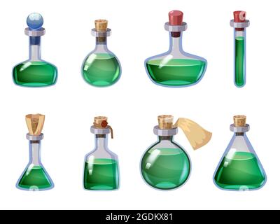 Set of Bottles magic liquid potion fantasy elixir. Game icon GUI for app games user interface. Vector illstration isolated cartoon style on white Stock Vector