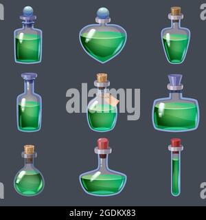 Set of magic Bottles liquid potion fantasy elixir. Game icon GUI for app games user interface. Vector illstration isolated cartoon style on grey Stock Vector