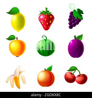 Fruit machine slot icons set, lemon, strawberry, grapes, apple, watermelon, plum, banana, peach, cherry. Classic collection symbol for games gambling Stock Vector