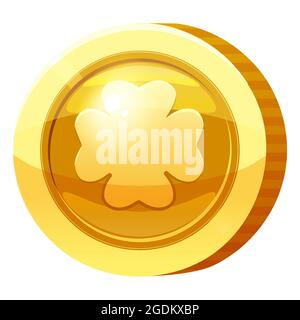 Gold Medal Coin Clover Leaf symbol. Golden token for games, user interface asset element. Vector illustration Stock Vector