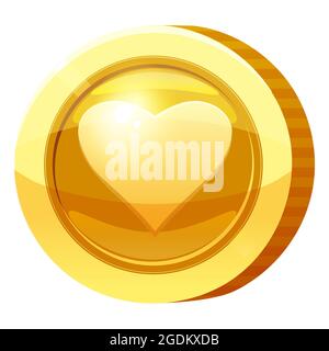 Gold Medal Coin Heart symbol. Golden token for games, user interface asset element. Vector illustration Stock Vector
