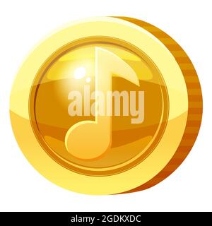 Gold Medal Coin Music Note symbol. Golden token for games, user interface asset element. Vector illustration Stock Vector