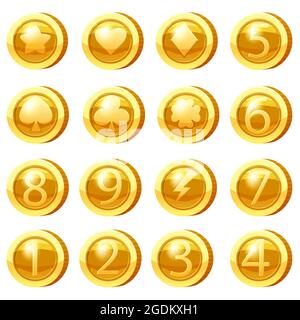 Set of Golden Coins for game apps. Gold icons star, heart, numbers symbols game UI, gaming gambling. Vector illustration Stock Vector