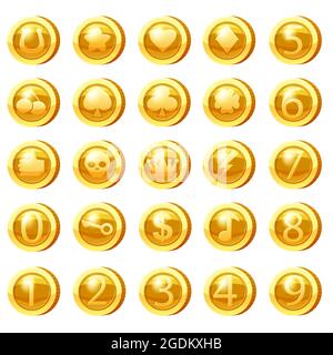 Set of Golden Coins for game apps. Gold icons star, heart, numbers, clubs hearts, tambourine, spades, clover leaf, scull,crown, bolt, cherry, key Stock Vector