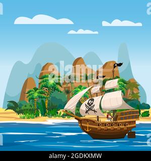 Pirate ship under sail in ocean, Island Treasure tropical, palms, mountains. Sea landscape, adventure, game. Vector illustration Stock Vector