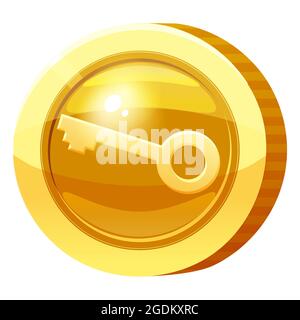 Gold Medal Coin Key symbol. Golden token for games, user interface asset element. Vector illustration Stock Vector