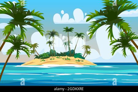 Tropical Exotic Island, plants, palms, jungle, sea, ocean, clouds. Summer vacation resort. Vector Illustration Stock Vector