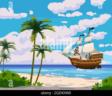 Tropical Island Pirate ship under sail in ocean, treasure cheast ...