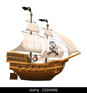 Pirate ship sail, wooden old sailboat. Buccaneer filibuster corsair with black flag skull, Jolly Rodger. Vector illustration cartoon style Stock Vector