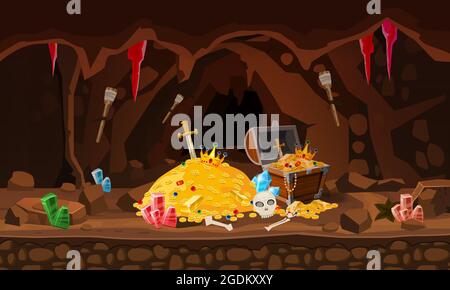 Treasure cave, gold pile, coins, chest, gems, crown, sword, crystals. Concept art for game, apps. Background cartoon style Stock Vector