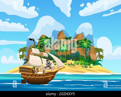 Pirate ship under sail in ocean, Island Treasure tropical, palms, mountains. Sea landscape, adventure, game. Vector illustration Stock Vector