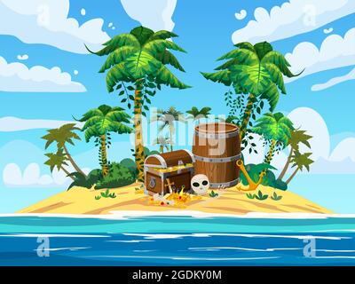 Treasure tropical Island, ancient pirate treasure chest, barrel, scull, exotic plants, palms, sea, ocean, clouds. Sea landscape coast, beach, sand Stock Vector
