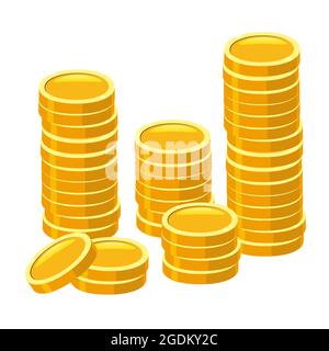 Gold Coins stack. Piles of golden money icon stacked in stacks, financial currencies stocks. Vector cartoon style illustration Stock Vector