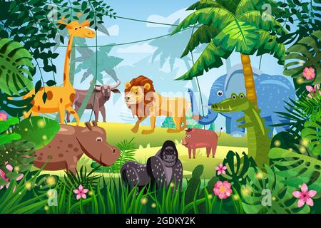 Cute Set Animals in Jungle tropical rainforest background landscape. Lion, giraffe, gorilla, hippo, elefant, buffolo, crocodile, warthog pig. Palm Stock Vector