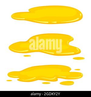Set Puddles yellow oil, olive oil, honey, liquid gold, vector, cartoon style, isolated, illustration, on a white background Stock Vector