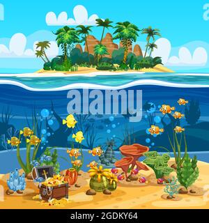 Tropical Island in ocean. Underwater sea bottom, coarl reef, fish, seaweeds, ancient treasure cheast. Sea landscape coast, tropical, palms, beach Stock Vector