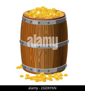 Wooden barrel with treasures, gold coins, with metal stripes, for alcohol, wine, rum, beer and other beverages, or treasures, gunpowder. Isolated on Stock Vector
