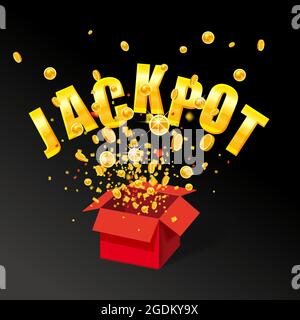 Jackpot Open Gift Box Coins and Confetti on black background. Vector Illustration isolated Stock Vector