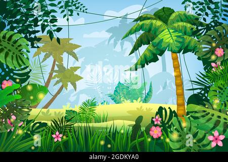 Jungle tropical forest palms different exotic plants leaves, flowers, lianas, flora, rainforest landscape background. For design game, apps, banners Stock Vector