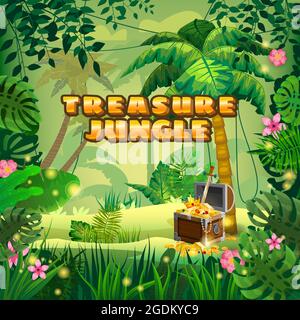 Treasure Pirate chest full of gold coins gems crown sword. Jungle tropical forest palms different exotic plants leaves, flowers, lianas, flora Stock Vector