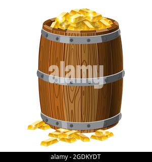 Wooden barrel with treasures, gold bars, with metal stripes, for alcohol, wine, rum, beer and other beverages, or treasures, gunpowder. Isolated on Stock Vector