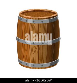 Barrel wooden with metal stripes, for alcohol, wine, rum, beer and other beverages, or treasures, gunpowder. Isolated on white background. Vector Stock Vector