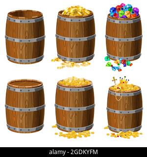 Set of wooden barrels with treasures, gold, coins, bars, precious stones, diamonds, emeralds, jewelry, empty and closed, with metal stripes, for Stock Vector