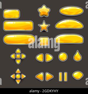 Big set yellow gold color buttons for games and app different shape. Casual game UI kit. 2d game icon. Vector isolated Stock Vector