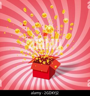 Box With Coins Exploision, Blast. Open Red Gift Box and Confetti. Win, casino, lottery, quiz. Spiral Stripes Background. Vector Illustration. Isolated Stock Vector
