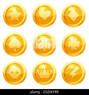 Set of golden coins with star, heart, club, heart, tambourine, peak, clover leaf, scull,crown, lightning symbols. For web, game or application GUI UI Stock Vector