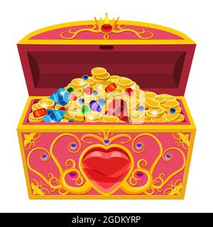 Princess treasure chest, decorated with diamonds and gold. Jewels, coins, precious stones. Vector, illustration, cartoon style, isolated Stock Vector