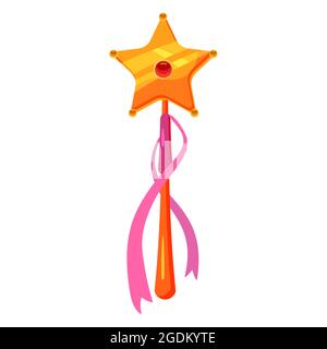 Magic wand. Magic accessory in the shape of a star, decorated with diamonds, precious stones. Vector, illustration, cartoon style, isolated Stock Vector