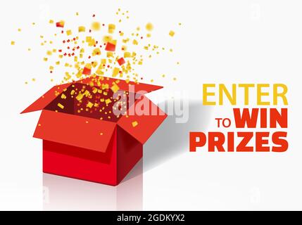 Box Exploision, Blast. Open Red Gift Box and Confetti. Enter to Win Prizes. Win, lottery, quiz. Vector Illustration. Isolated, Template Stock Vector