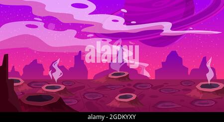 Fantasy concept space cartoon game background. Fantastic sci-fi alien planet landscape for a space arcade game level design. Vector isolated Stock Vector