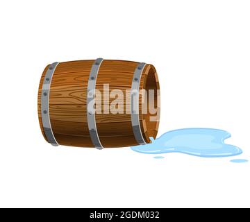 Open barrel lying on the ground, empty with spilled liquid, puddle, vector, isolated on white background, cartoon style Stock Vector