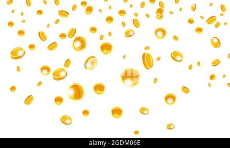 Falling flying gold coins money from the top golden rain. On a white background. Jackpot or success concept. Vector illustration isolated Stock Vector