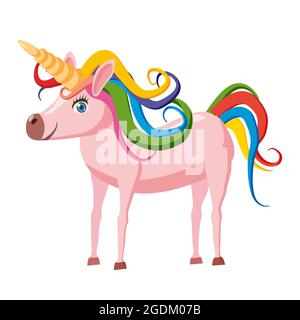 Unicorn fantastic character, myths and legends of the Middle Ages with a multi colored mane, cartoon style, vector, illustration, isolated on a white Stock Vector