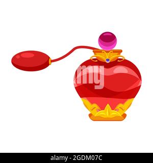 Perfume bottle Princess, heart-shaped decorated with diamonds and gold. Vector, illustration, cartoon style, isolated. Stock Vector