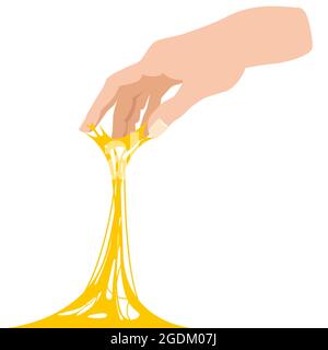 Sticky slime, reaching for stuck by the hand between fingers, white banner template. Glue Jelly The substance is sticky, tension, elasticity. Popular Stock Vector