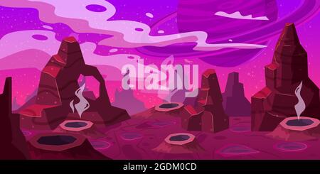 Fantasy concept space cartoon game background. Fantastic sci-fi alien planet landscape for a space arcade game level design. Vector isolated Stock Vector
