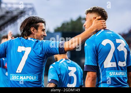 Eljif Elmas ( L ) and Zinedine Machach ( R ) of SSC Napoli celebrate a goal  during the Pre-Season Friendly match between Wisla Krakow and SSC Napoli at  City Stadium in